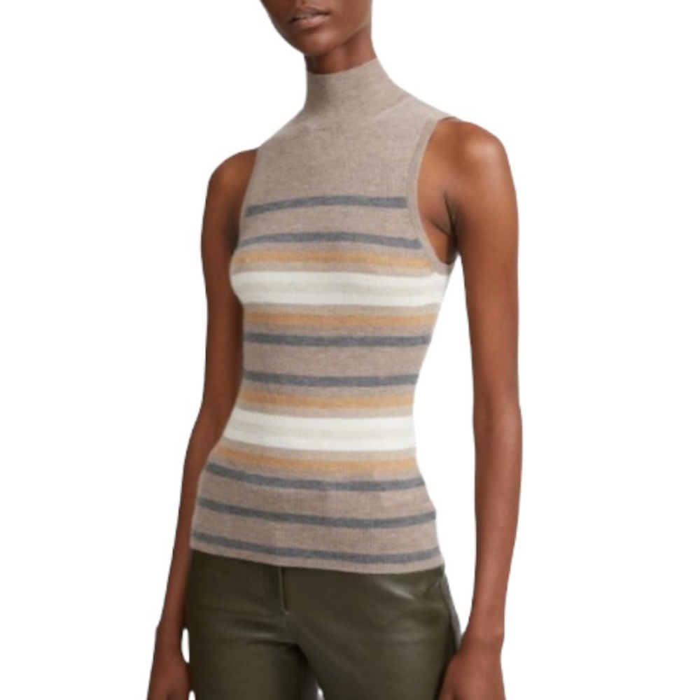 Theory Striped Regal Cashmere Shell Top Beige XS